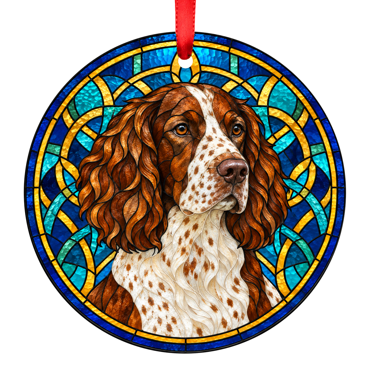 German Spaniel Red White Ticked stained glass Christmas ornament