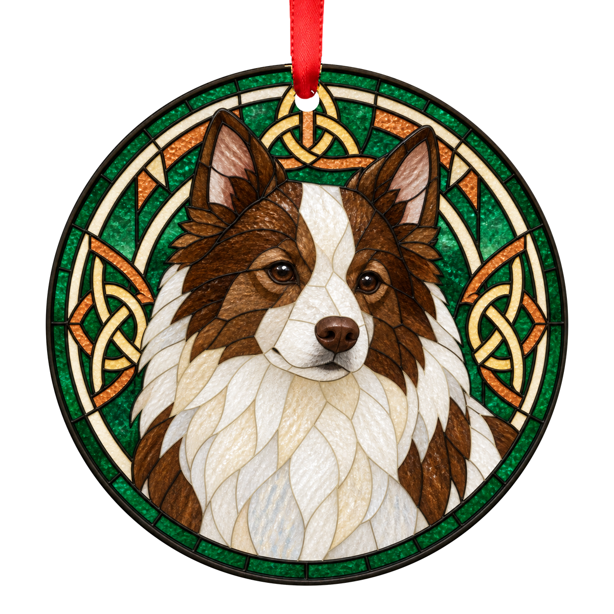 German Spitz Brown and White stained glass style Christmas ornament