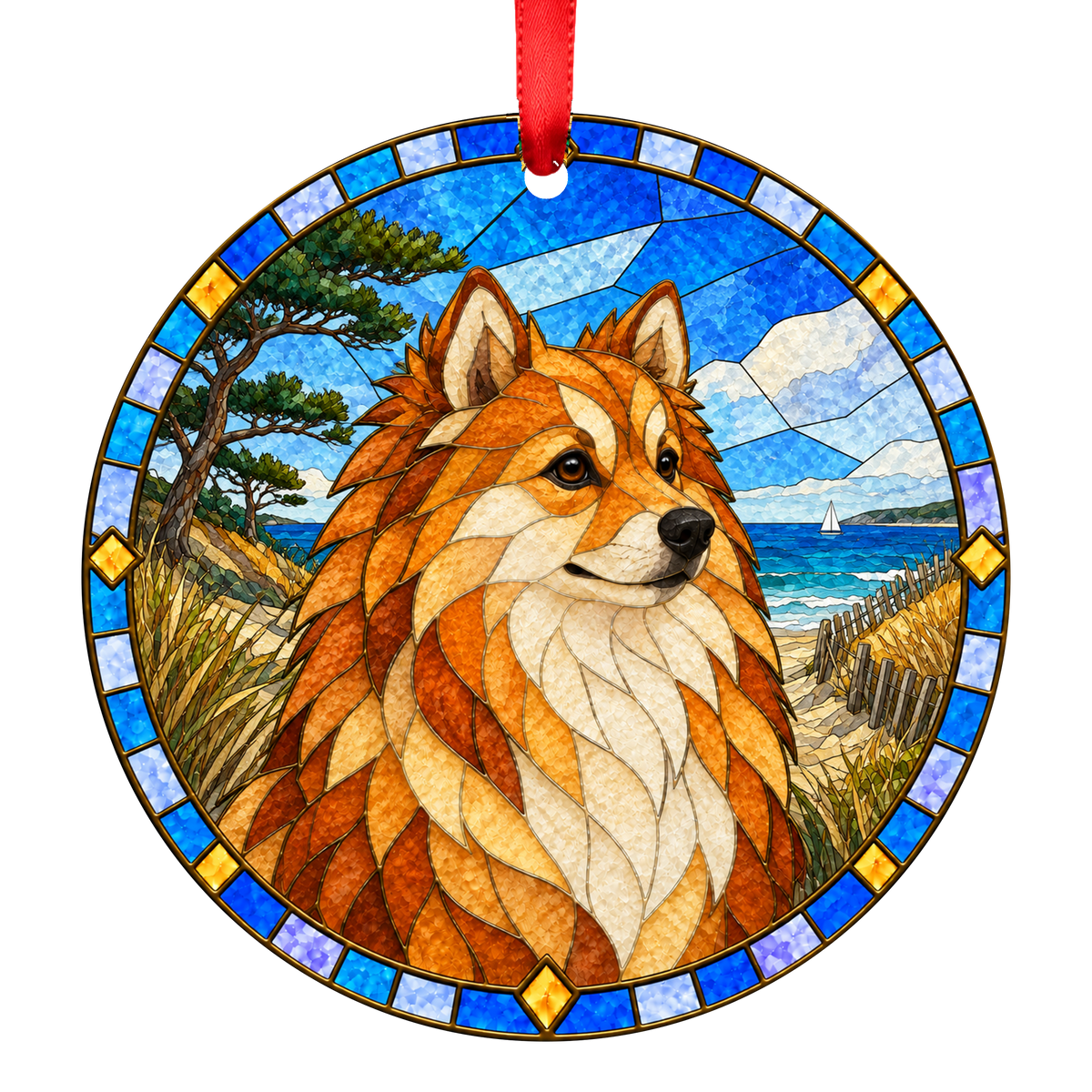 German Spitz Orange stained glass style Christmas ornament