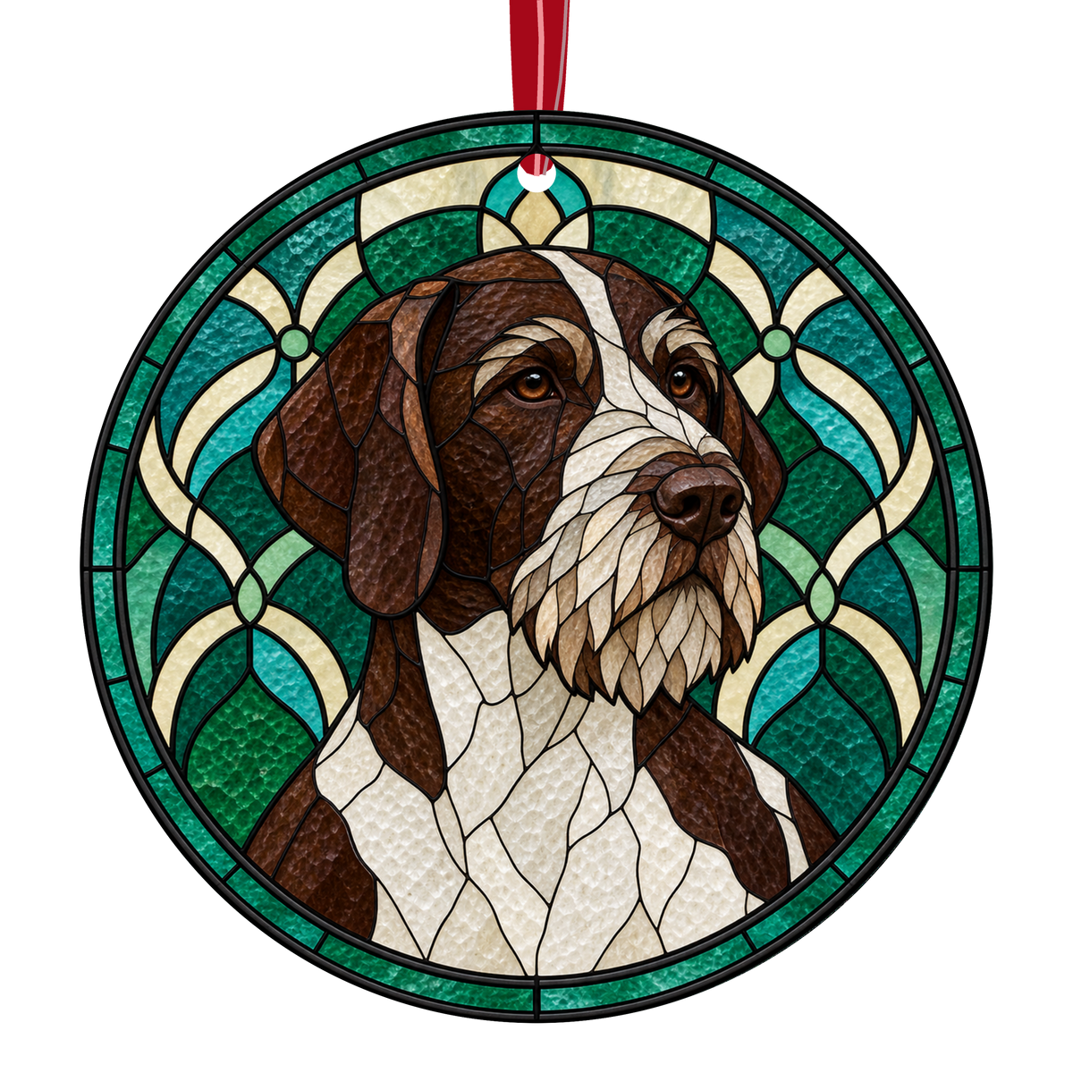 German Wirehaired Pointer Liver and White stained glass style Christmas ornament