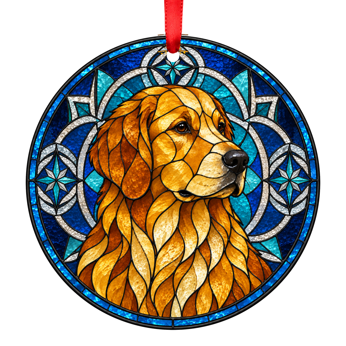 Golden Retriever Dark Gold stained glass style Christmas ornament