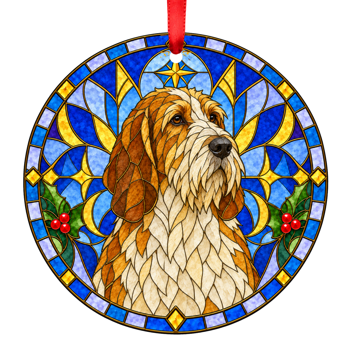 Grand Griffon Vendéen Orange and White stained glass style Christmas ornament