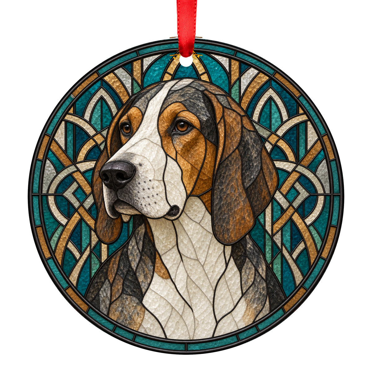 Great Anglo-French Tricolour Hound Wolf Grizzle porcelain Christmas ornament with red ribbon — ORN-10864