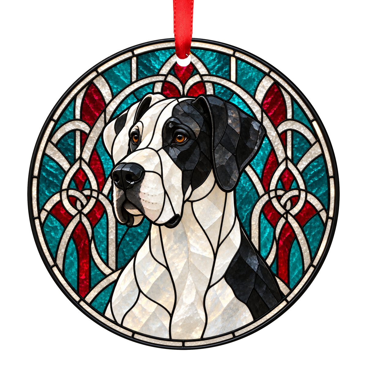Great Dane Piebald stained glass style Christmas ornament