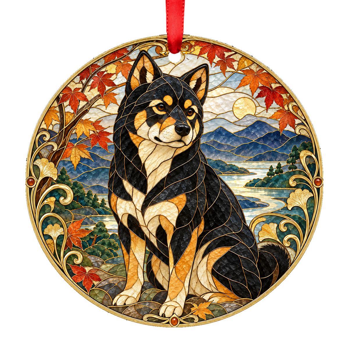 Hokkaido Black and Tan stained glass style Christmas ornament mockup
