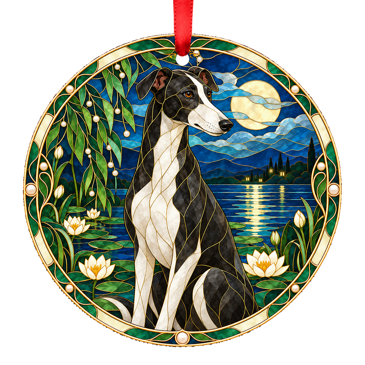 Hungarian Greyhound Black and White stained glass style Christmas ornament mockup