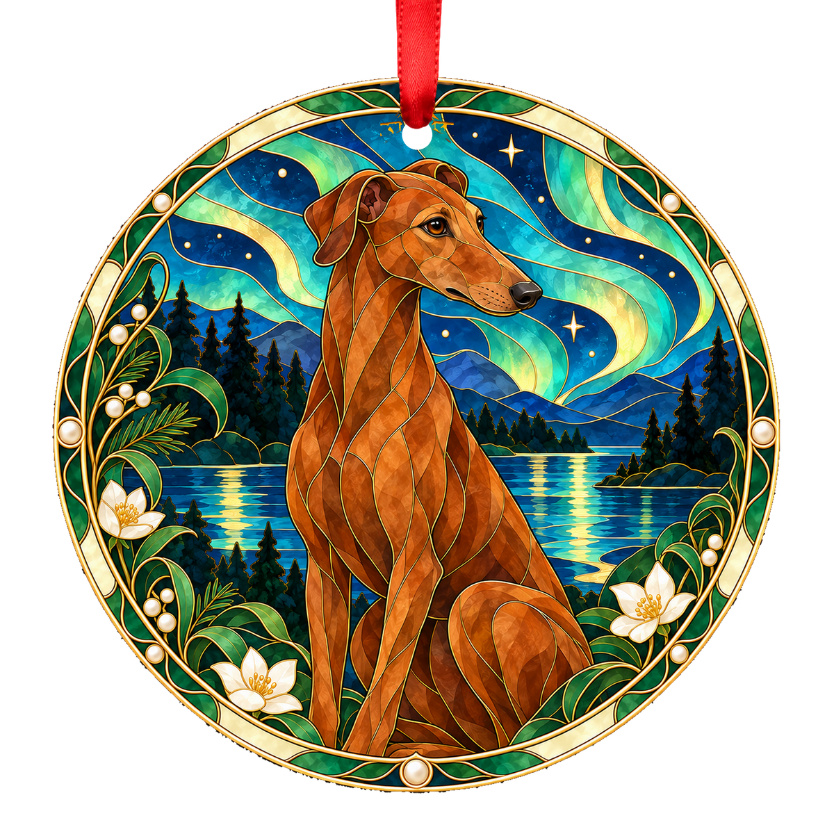 Hungarian Greyhound Red stained glass style Christmas ornament mockup