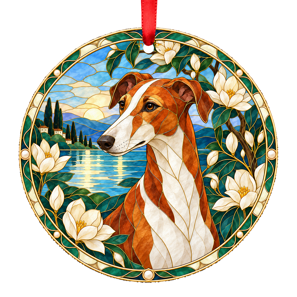Hungarian Greyhound Red and White stained glass style Christmas ornament mockup