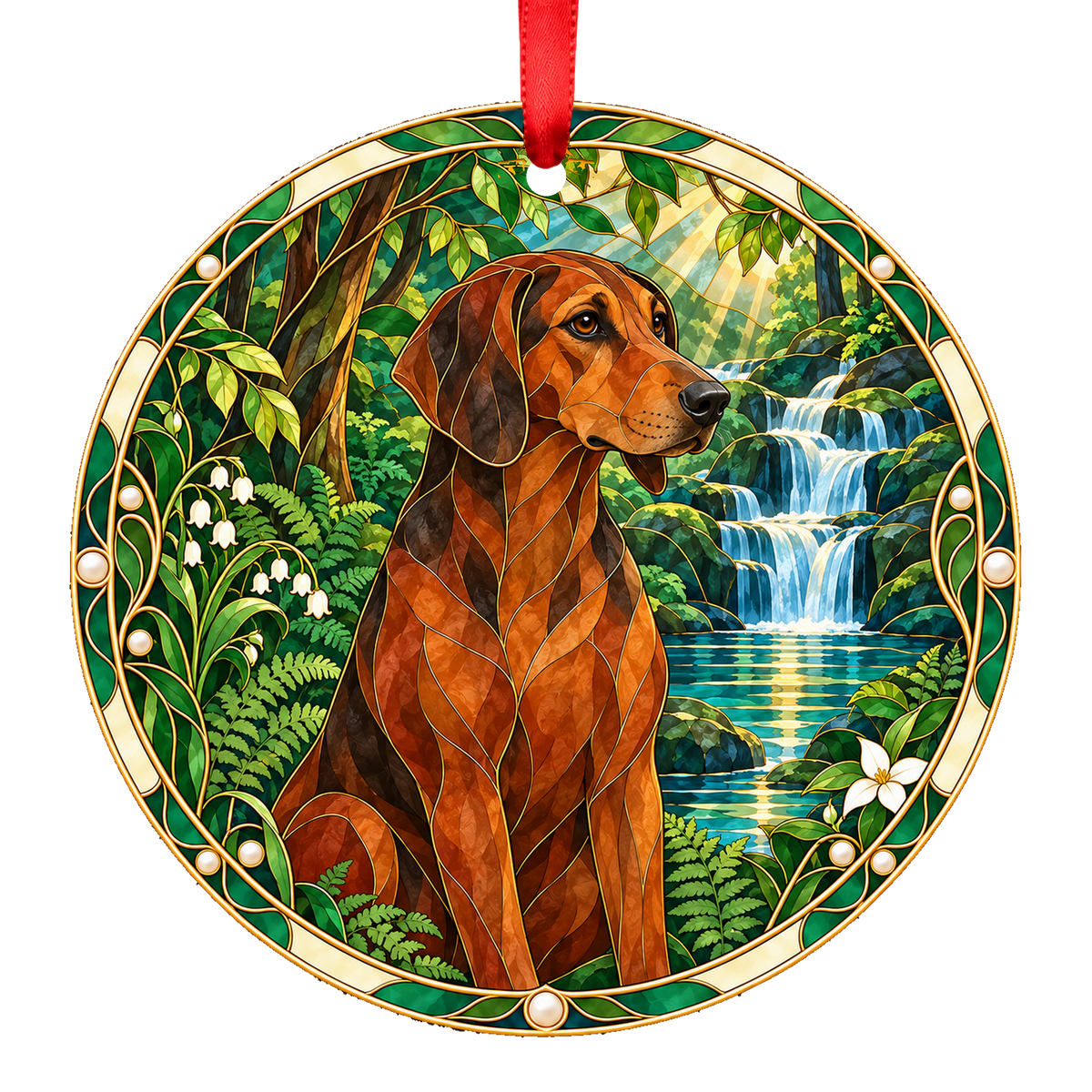 Hygen Hound Shaded and Red porcelain Christmas ornament with red ribbon — ORN-11008
