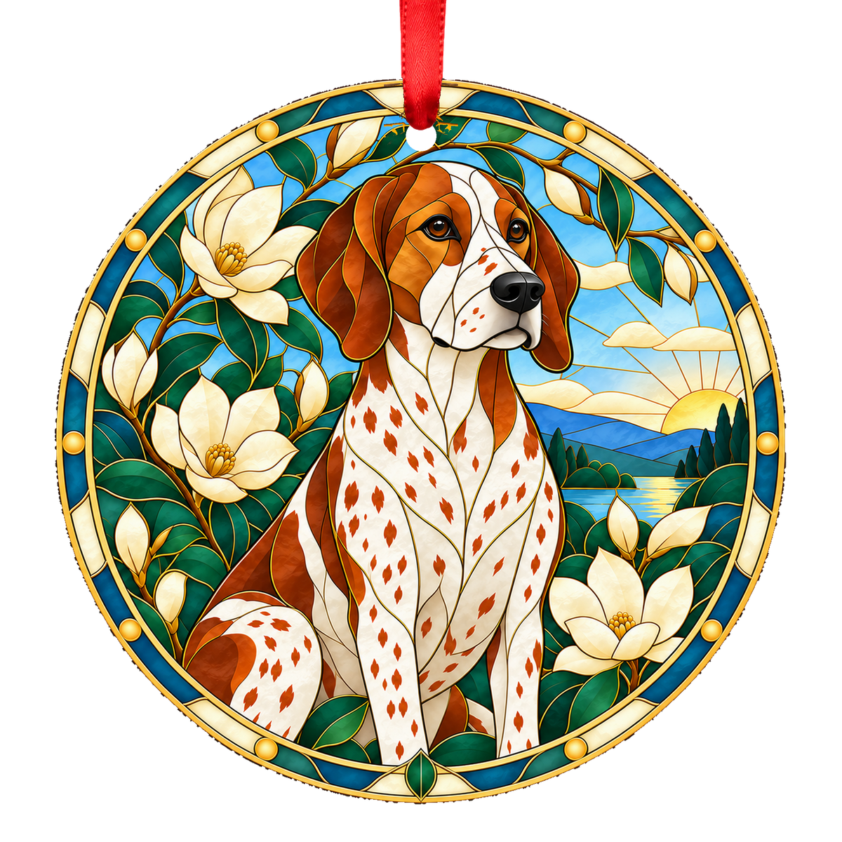 Hygen Hound White Red Brown Ticked porcelain Christmas ornament with red ribbon — ORN-11009