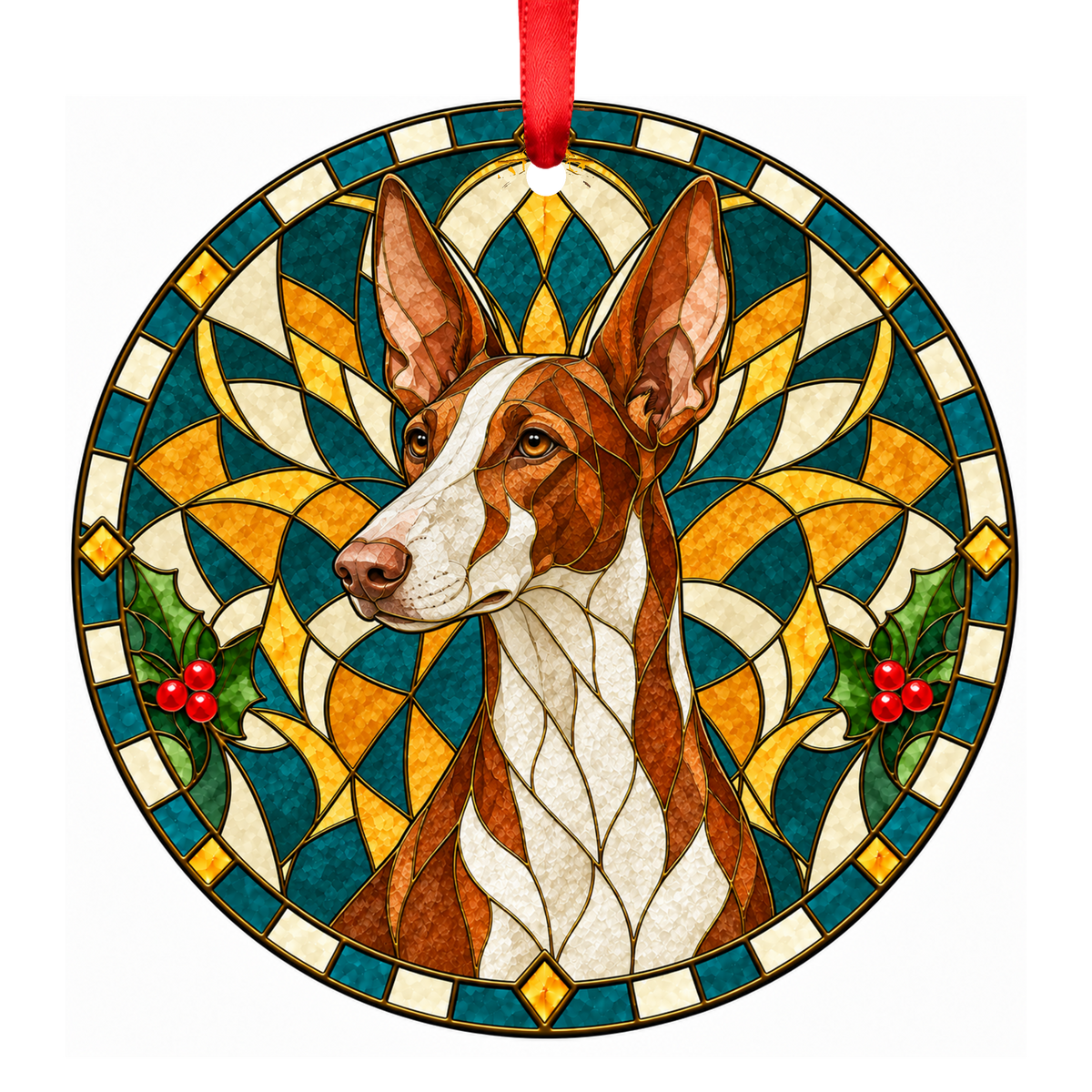 Ibizan Hound Red and White porcelain Christmas ornament with red ribbon — ORN-11013