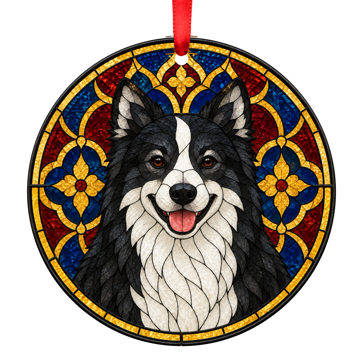 Icelandic Sheepdog Black and White stained glass style Christmas ornament mockup