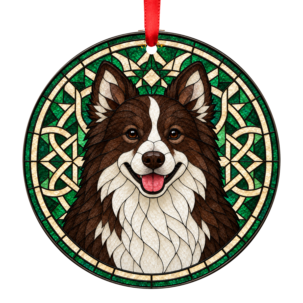 Icelandic Sheepdog Chocolate and White stained glass style Christmas ornament mockup