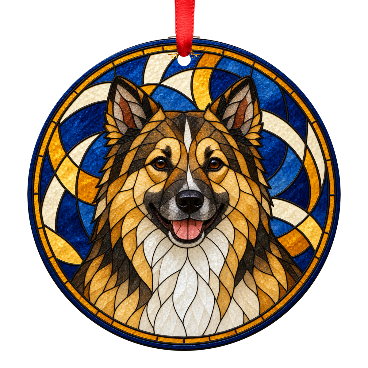 Icelandic Sheepdog Sable and White stained glass style Christmas ornament mockup