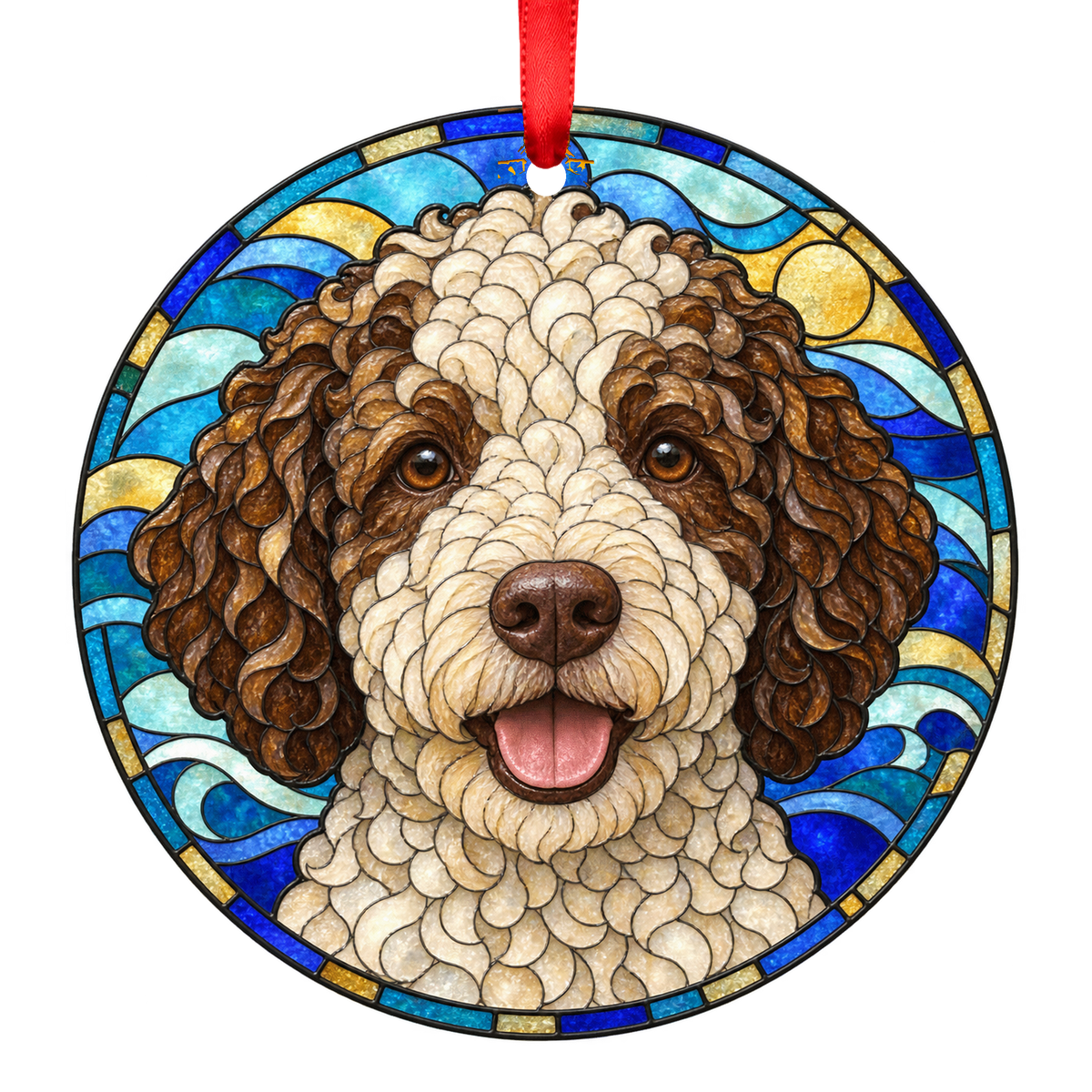 Lagotto Romagnolo Off White and Brown stained glass pet Christmas ornament