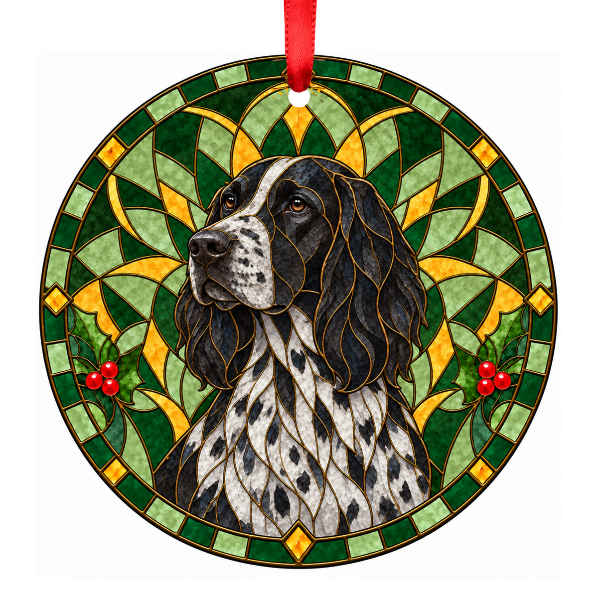 Large Munsterlander Black and White Ticked stained glass pet Christmas ornament