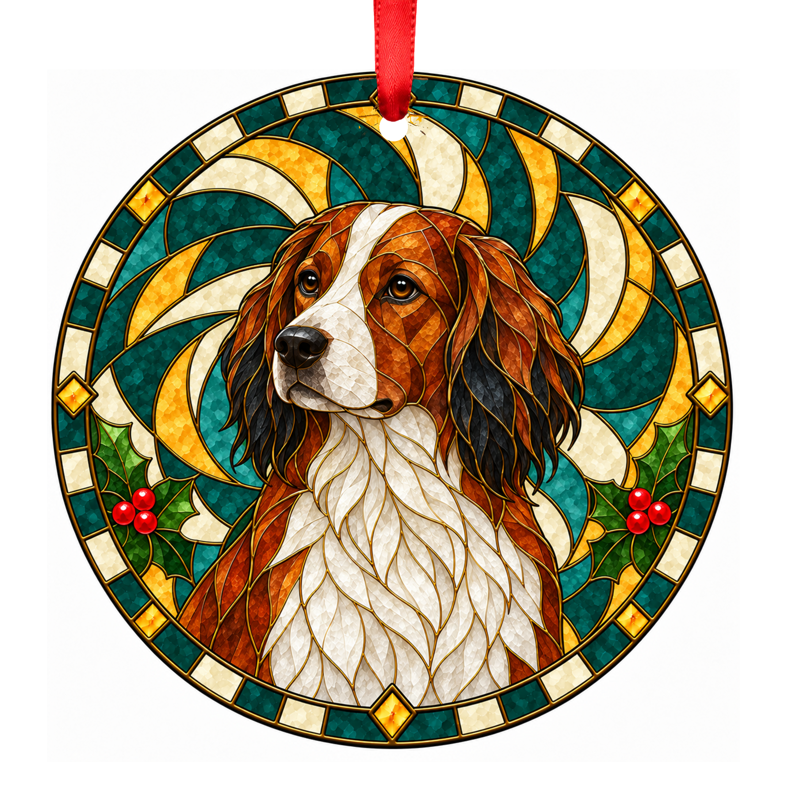 Nederlandse Kooikerhondje Orange and White stained glass pet Christmas ornament