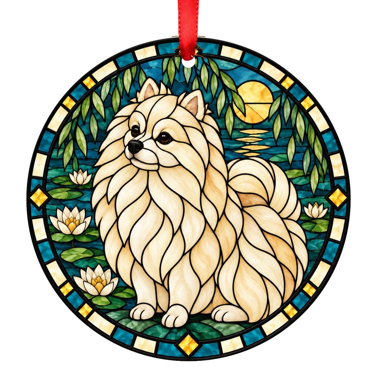 Pomeranian Cream stained glass style Christmas ornament mockup