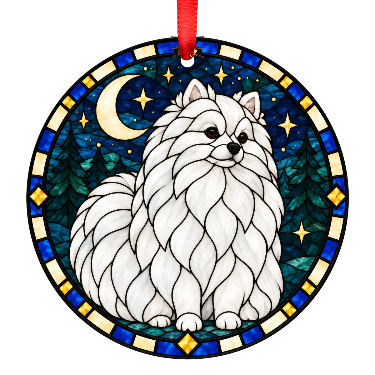 Pomeranian White stained glass style Christmas ornament mockup