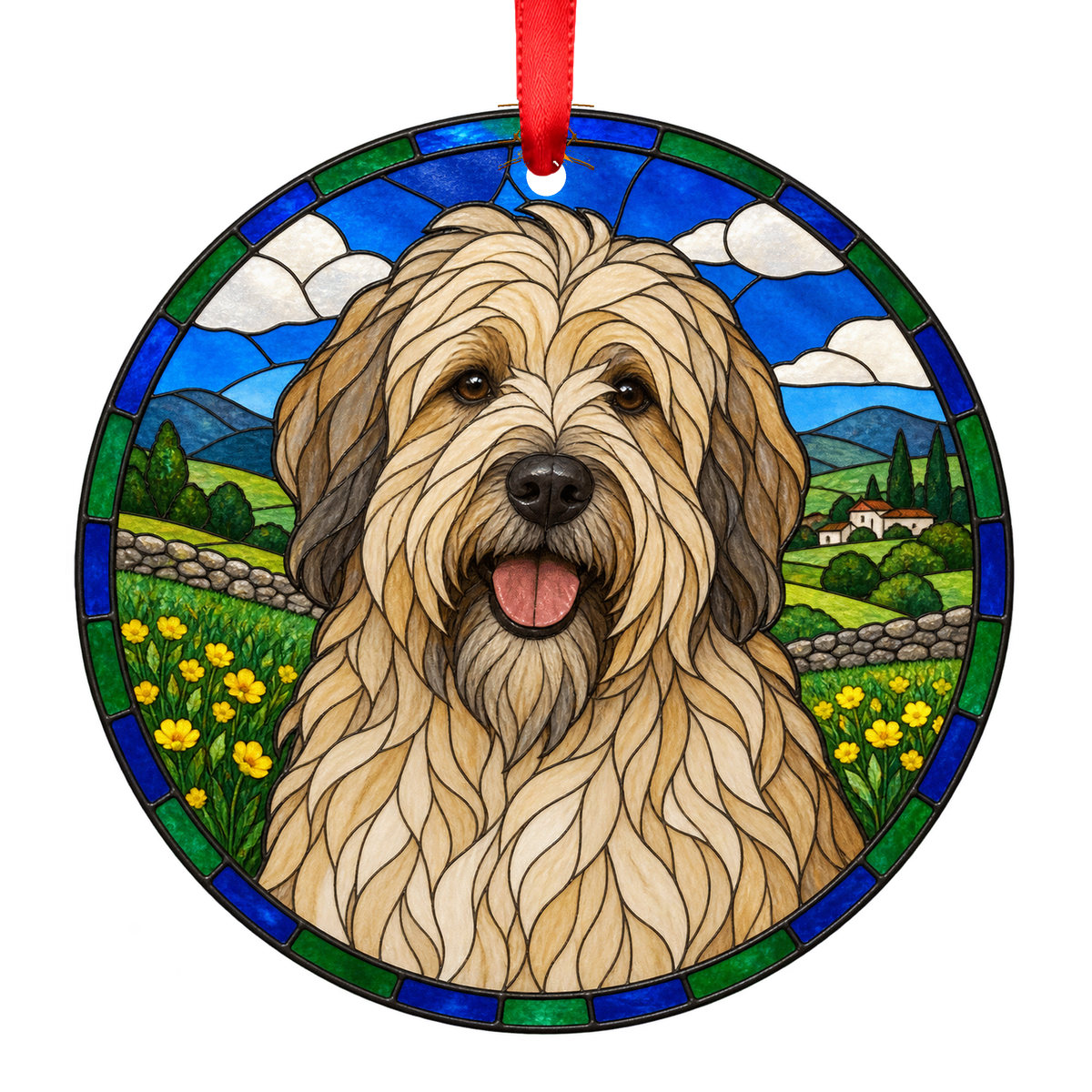 Portuguese Sheepdog Fawn porcelain Christmas ornament with red ribbon — ORN-11172