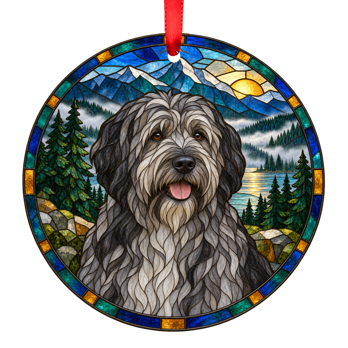 Portuguese Sheepdog Wolf Gray porcelain Christmas ornament with red ribbon — ORN-11174
