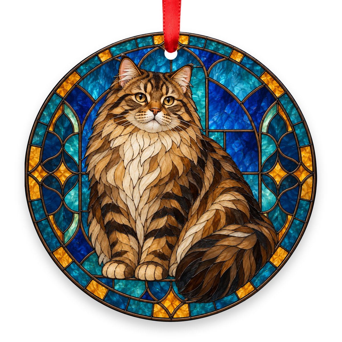 RagaMuffin Brown Tabby stained glass style Christmas ornament with red ribbon