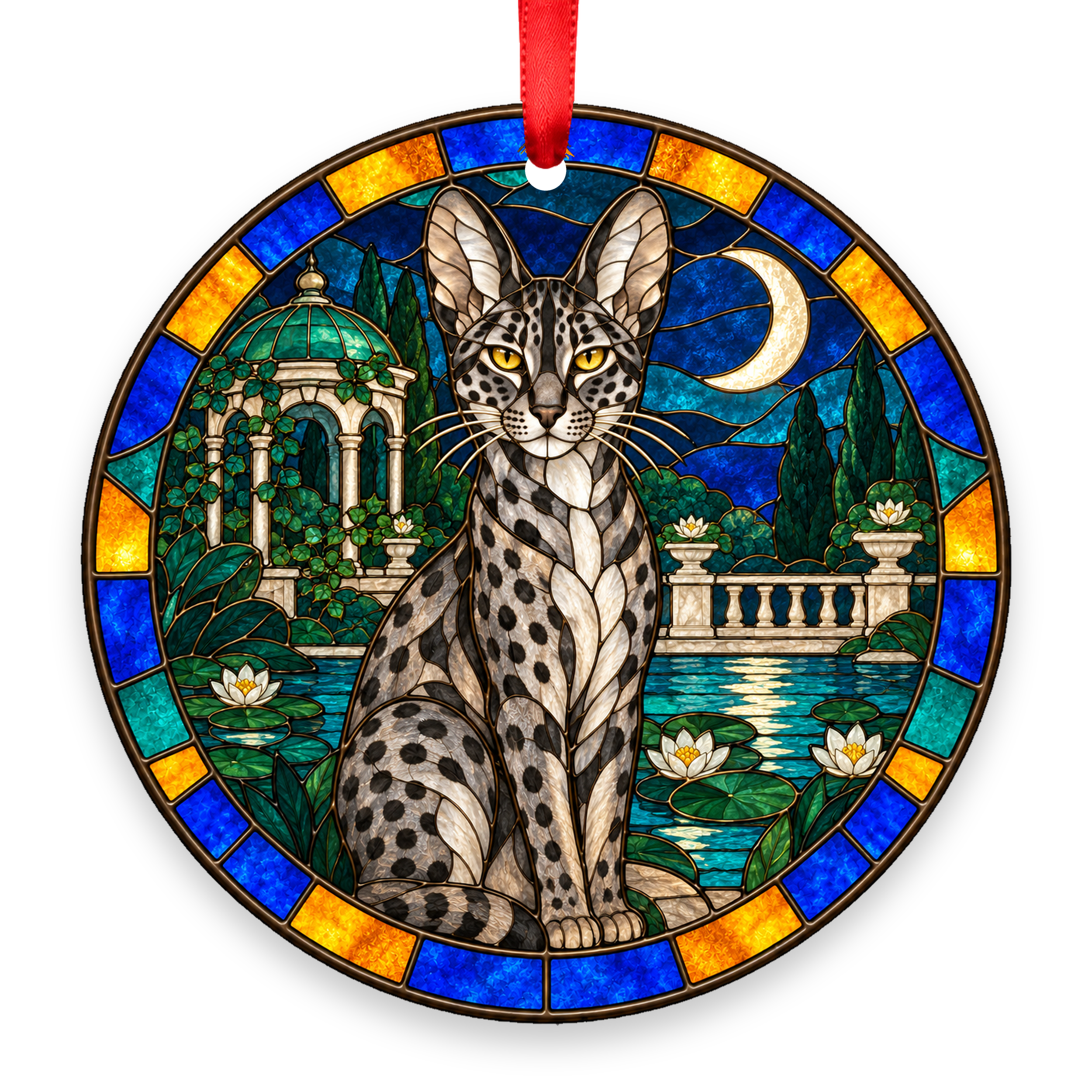 Savannah Black Smoke stained glass style Christmas ornament with red ribbon