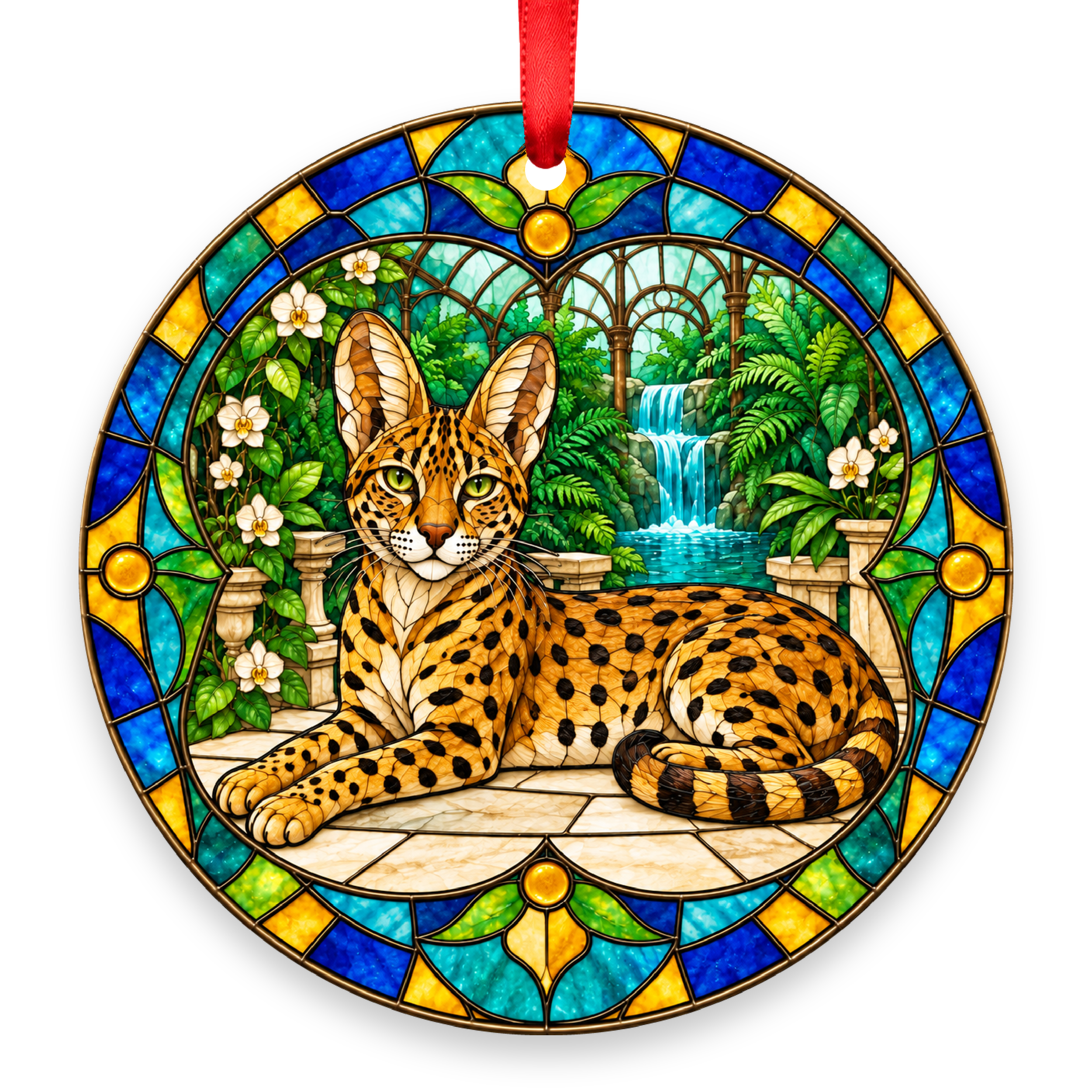 Savannah Brown Spotted stained glass style Christmas ornament with red ribbon