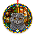 Scottish Fold Blue stained glass style Christmas ornament with red ribbon