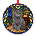 Scottish Straight Blue stained glass style Christmas ornament with red ribbon