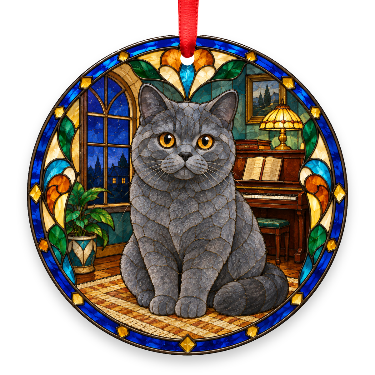 Scottish Straight Blue stained glass style Christmas ornament with red ribbon