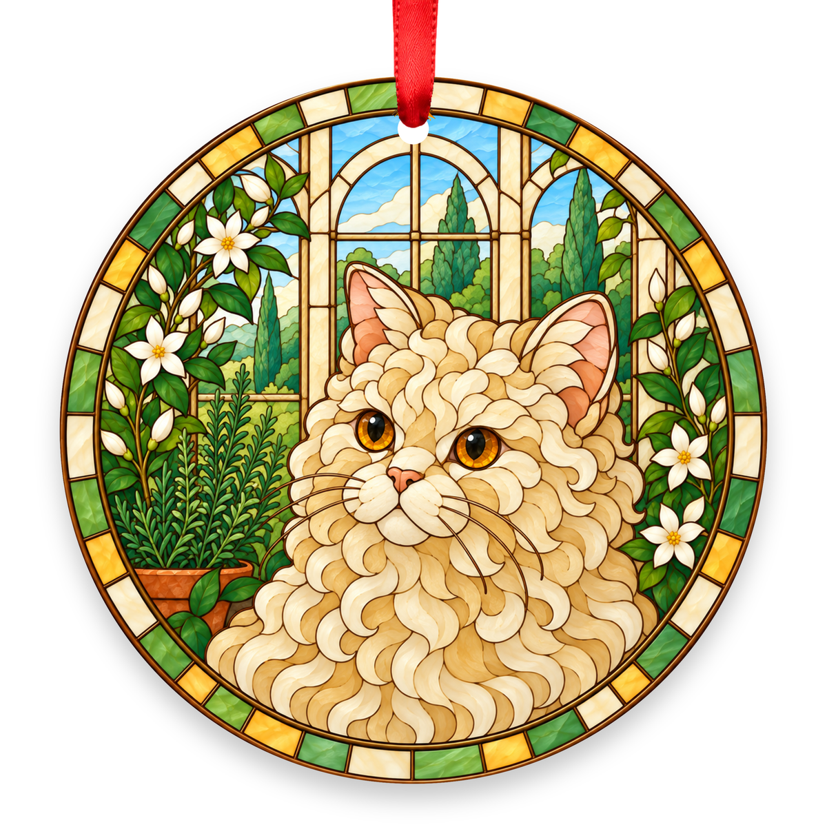 Selkirk Rex Cream stained glass style Christmas ornament with red ribbon