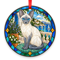 Siamese Blue Point stained glass style Christmas ornament with red ribbon
