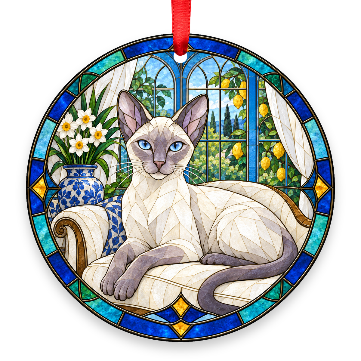 Siamese Lilac Point stained glass style Christmas ornament with red ribbon