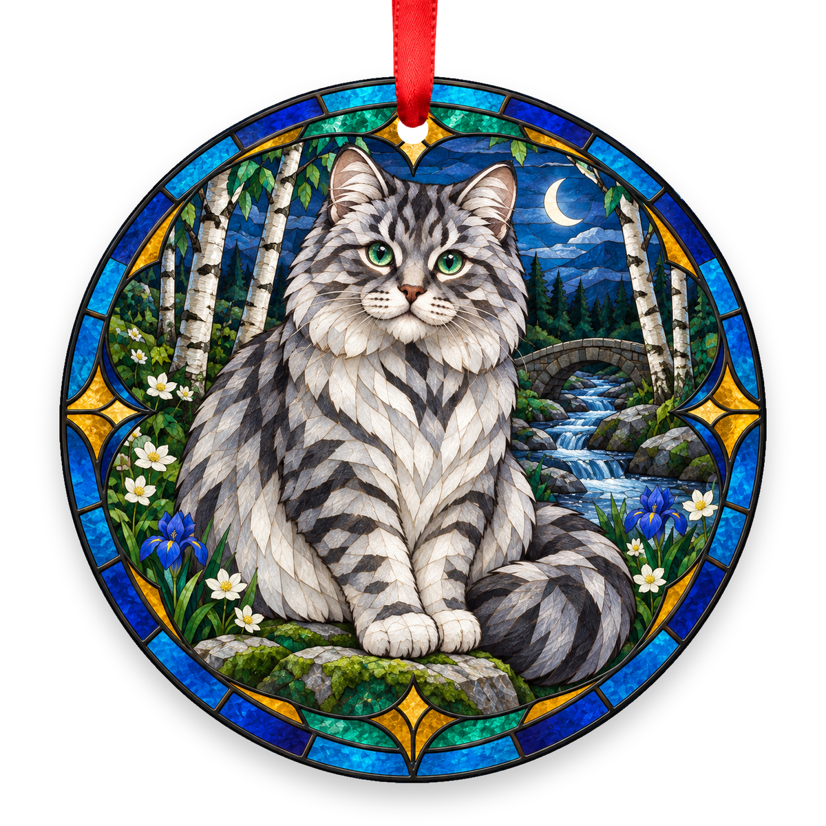 Siberian Silver Tabby stained glass style Christmas ornament with red ribbon