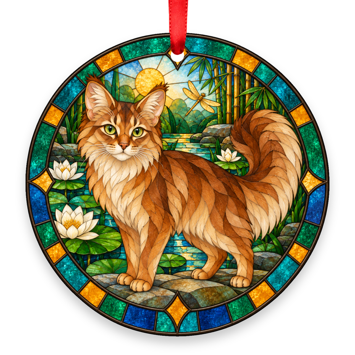 Somali Fawn stained glass style Christmas ornament with red ribbon