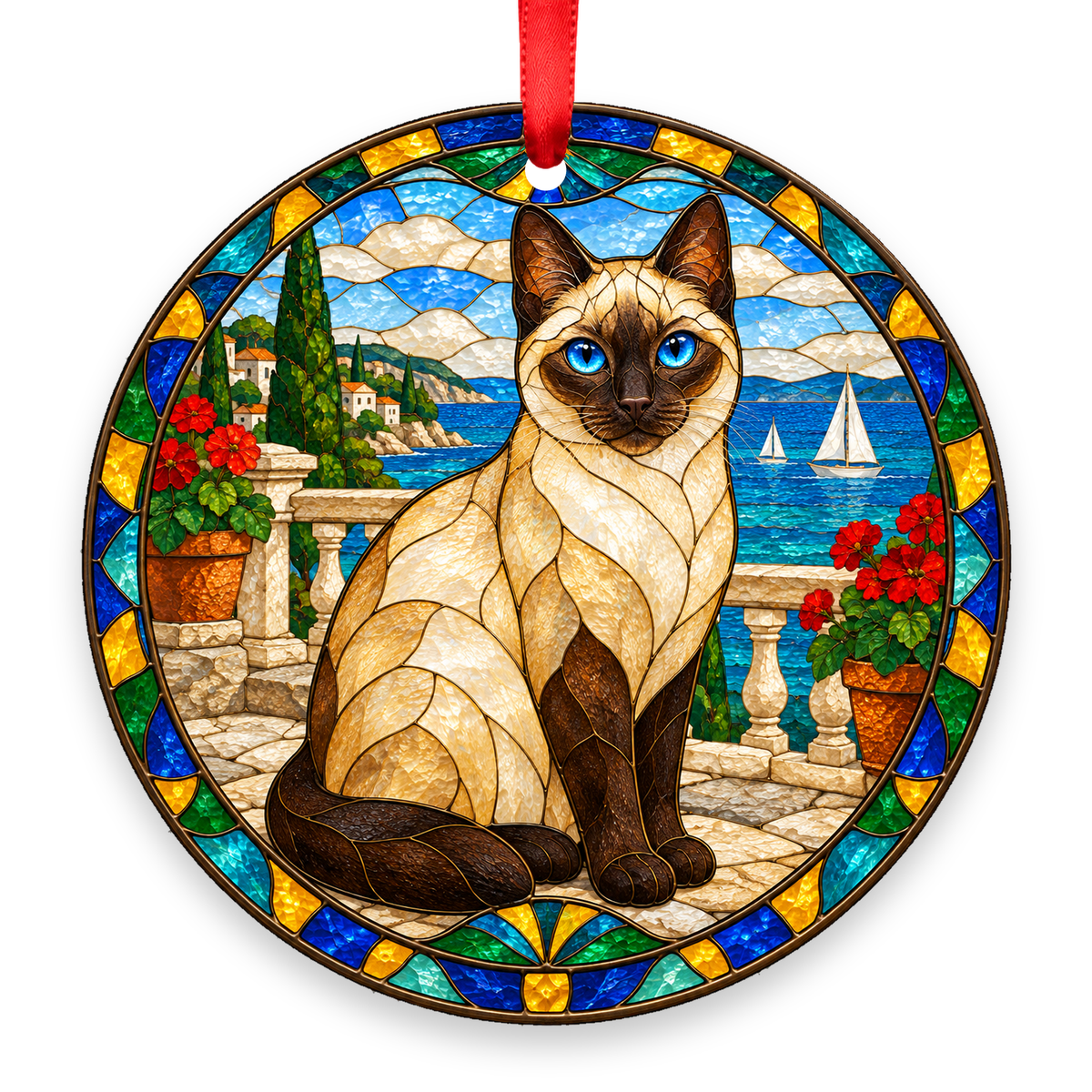 Thai Seal Point stained glass style porcelain Christmas ornament with red ribbon