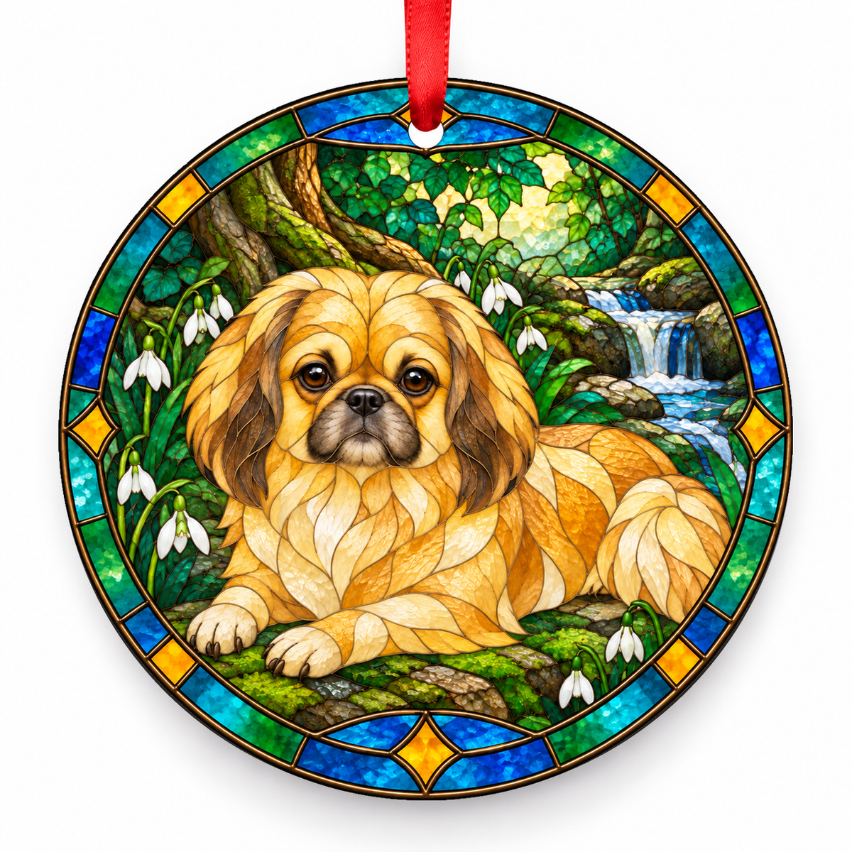 Gold Tibetan Spaniel stained glass style porcelain Christmas ornament with red ribbon