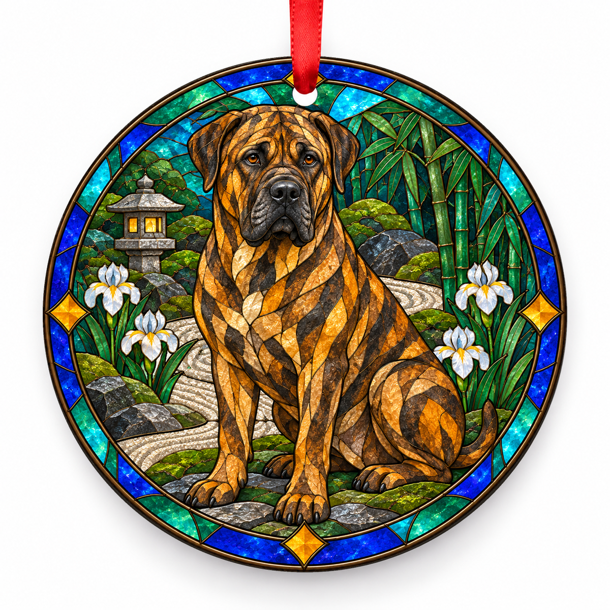 Brindle Tosa stained glass style porcelain Christmas ornament with red ribbon