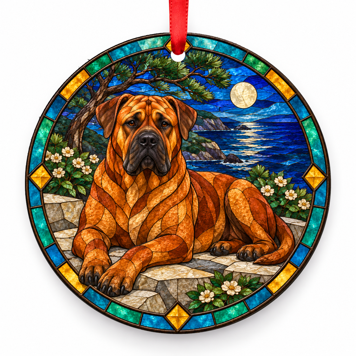 Red Tosa stained glass style porcelain Christmas ornament with red ribbon