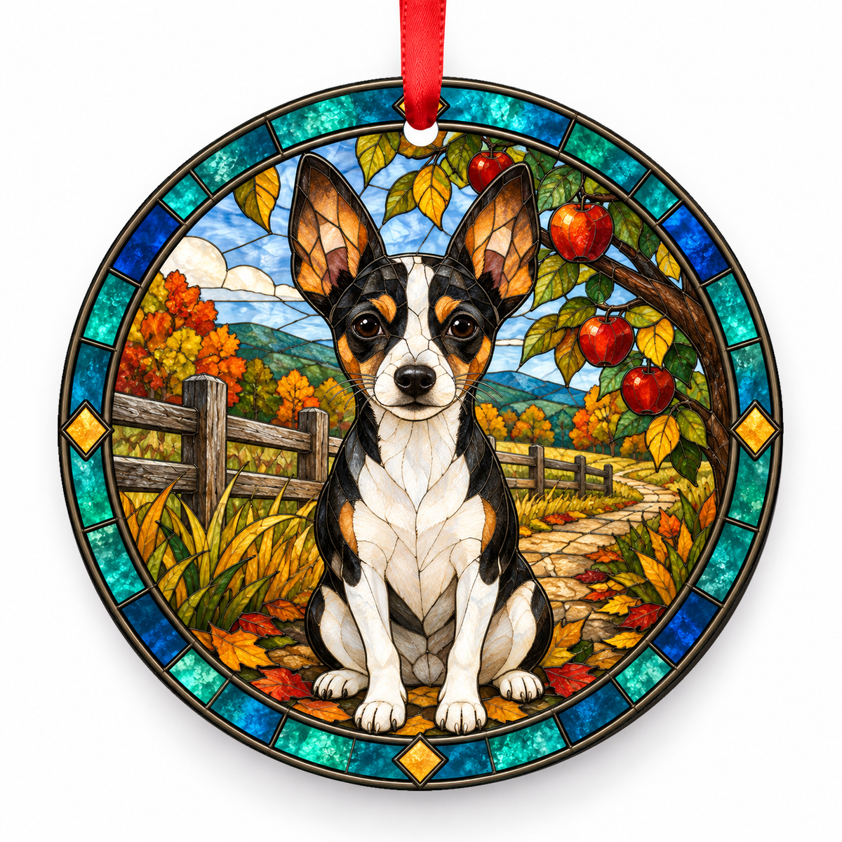 Tricolor Toy Fox Terrier stained glass style porcelain Christmas ornament with red ribbon