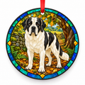 White and Black Transmontano Mastiff stained glass style porcelain Christmas ornament with red ribbon