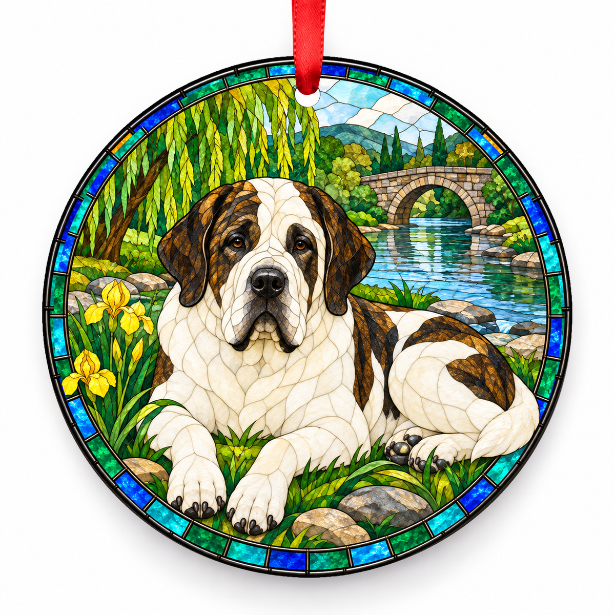 White and Brindle Transmontano Mastiff stained glass style porcelain Christmas ornament with red ribbon