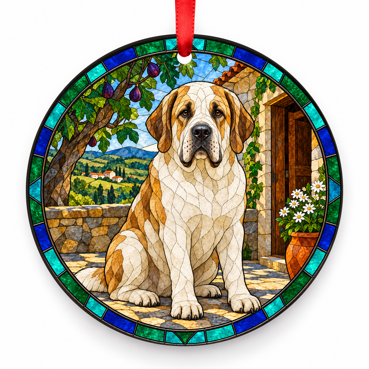White and Fawn Transmontano Mastiff stained glass style porcelain Christmas ornament with red ribbon