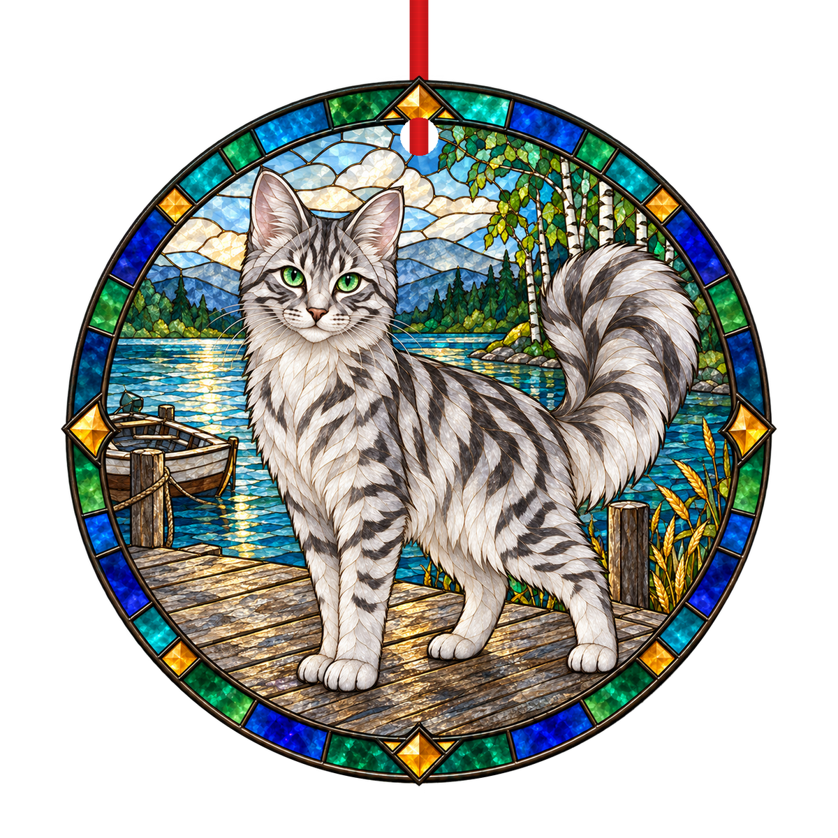 ORN-11441 Turkish Angora Silver Tabby stained glass ornament mockup