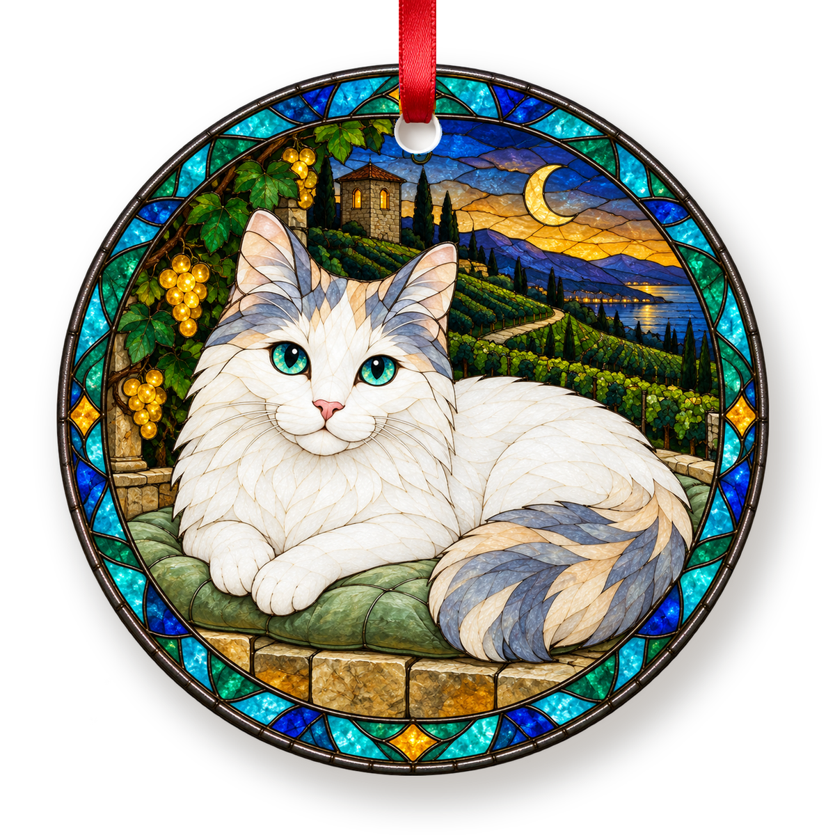 Turkish Van blue cream and white stained glass style porcelain Christmas ornament with red ribbon