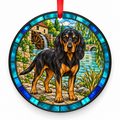 Black and Tan Tyrolean Hound stained glass style porcelain Christmas ornament with red ribbon
