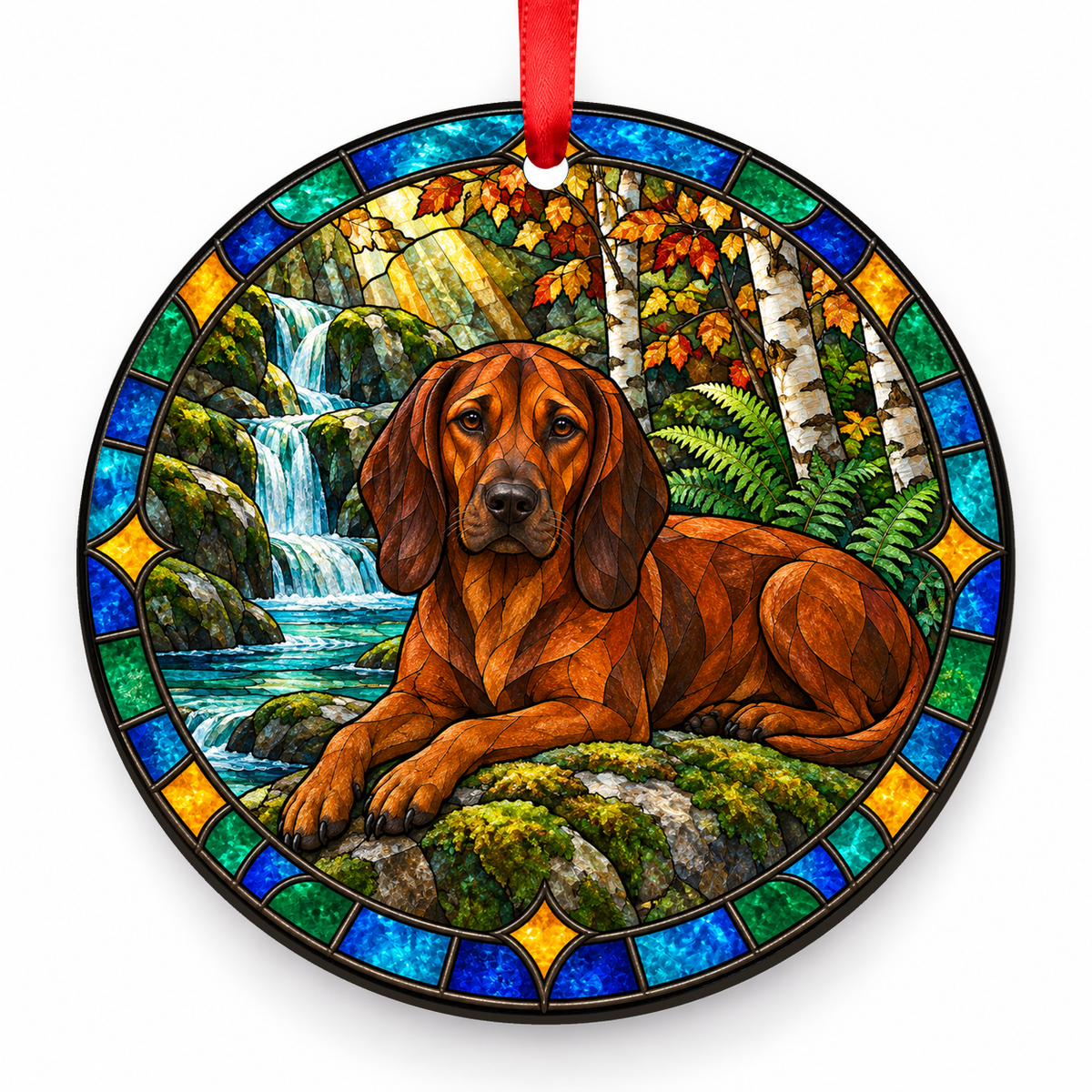 Red Tyrolean Hound stained glass style porcelain Christmas ornament with red ribbon