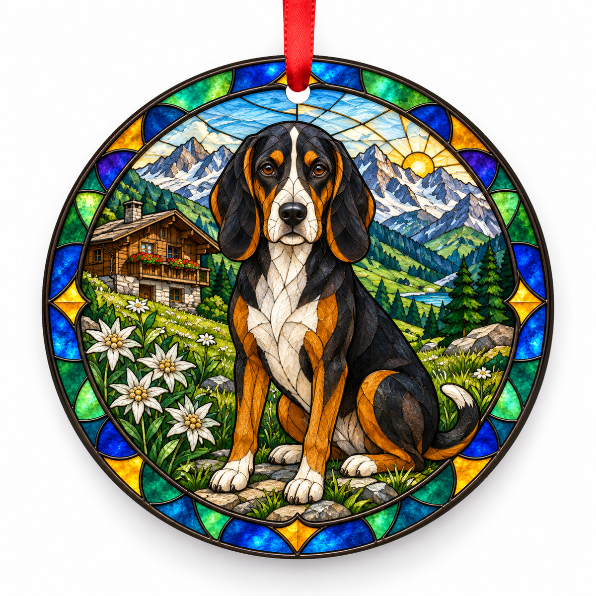 Tricolor Tyrolean Hound stained glass style porcelain Christmas ornament with red ribbon
