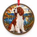 Red and White Welsh Springer Spaniel stained glass style porcelain Christmas ornament with red ribbon